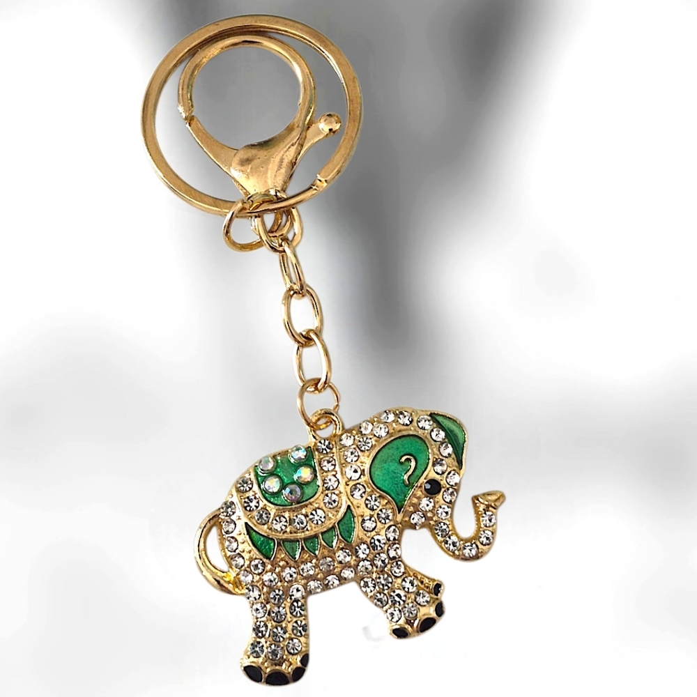 Jeweled Elephant Bag Charm / Keychain with Green Enamel Accents